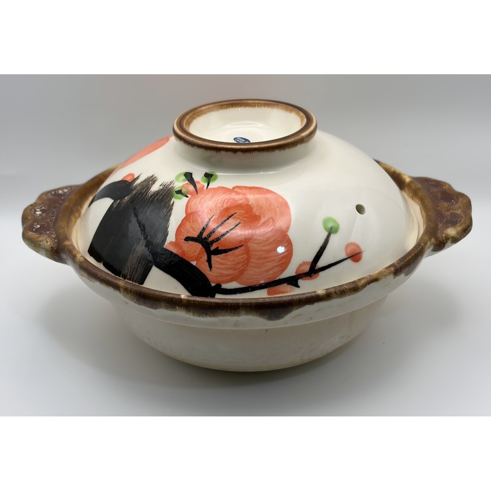 Vintage Japanese Donabe Clay Pot Floral Hand Painted Ceramic Lidded Casserole